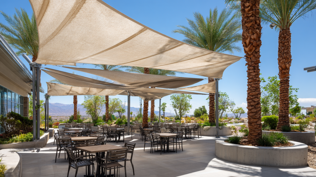4-point hypar tensioned fabric shade sail covering a commercial outdoor dining patio installed by Total Shade LLC