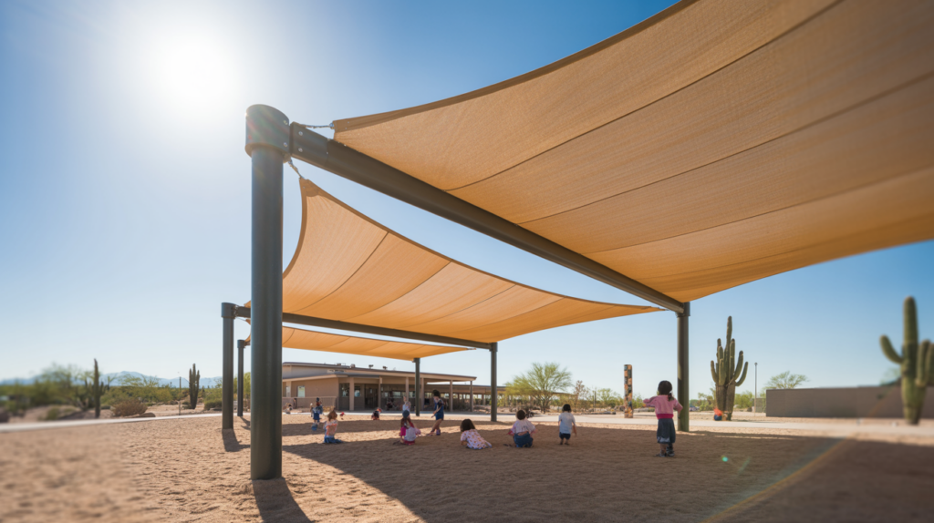 Commercial shade structure providing UV protection over an Arizona playground