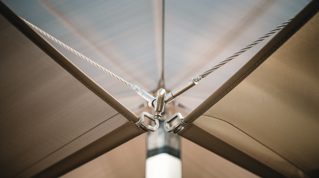 Close-up inspection of a tensioned HDPE shade fabric corner attachment on a commercial steel shade structure, showing the cable, turnbuckle, and stitched edge.