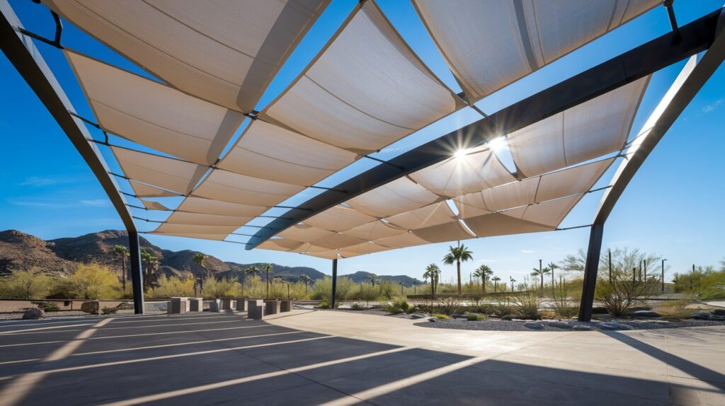 Weathered, faded HDPE fabric canopy on a steel commercial shade structure under harsh Arizona sun, illustrating UV degradation and the need for fabric replacement.