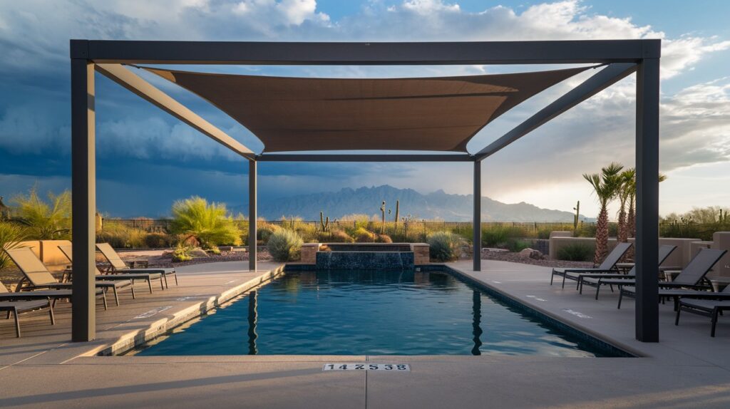 Open-sided fabric cabana shade structure over an Arizona HOA community pool deck with monsoon thunderclouds building over desert mountains in the background.