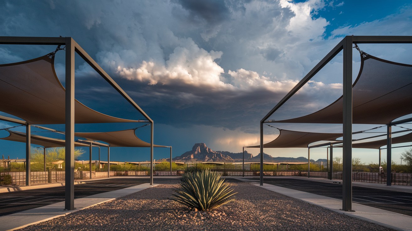Steel-framed fabric shade structures over an Arizona commercial area as a towering monsoon dust storm and thunderclouds build over desert mountains, late-afternoon light on taut HDPE fabric, no people in frame.