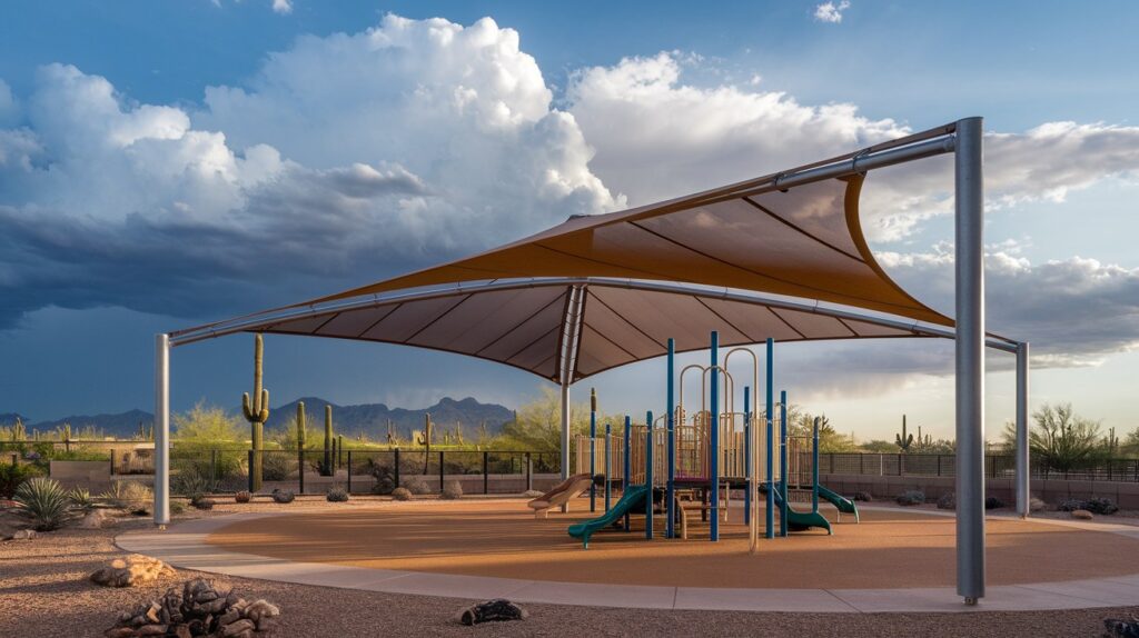Steel-framed hip-roof fabric shade structure over a public park playground in Arizona with monsoon thunderclouds building over desert mountains in the background.