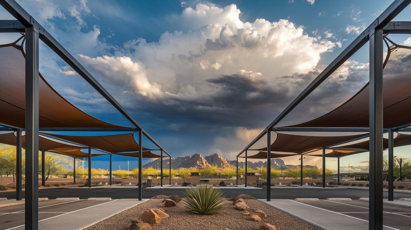 Steel-framed fabric shade structures over an Arizona commercial parking and gathering area with a dramatic monsoon dust storm and thunderclouds building over desert mountains in the background, no people in frame.