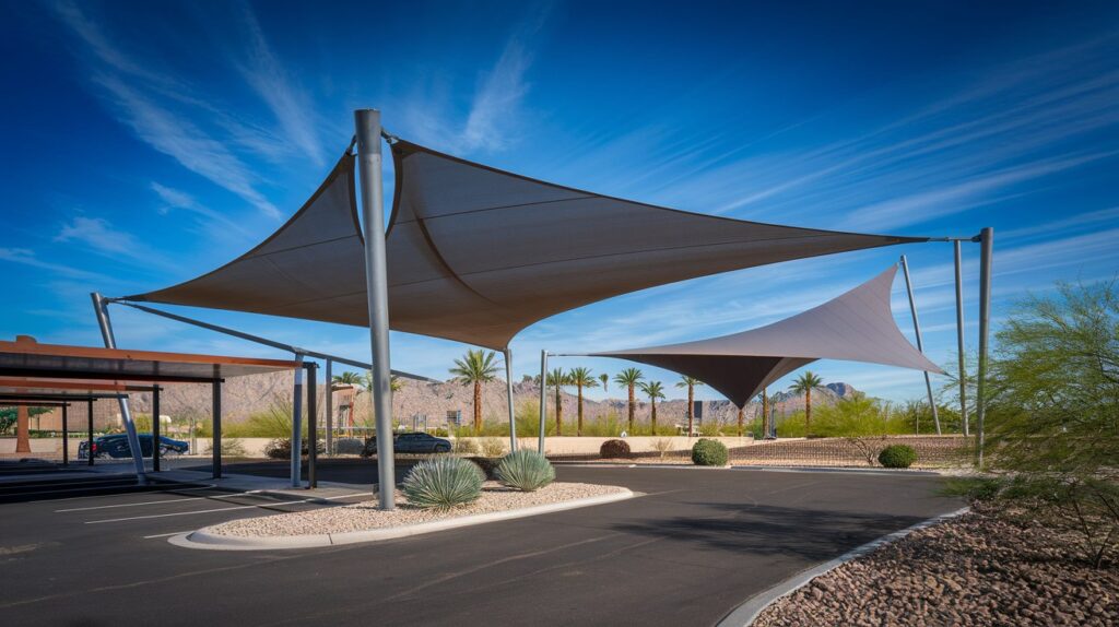 Multiple commercial fabric shade structure forms — a hip-roof canopy, a cantilever over parking, and a sculptural sail — together on an Arizona campus under deep blue sky.