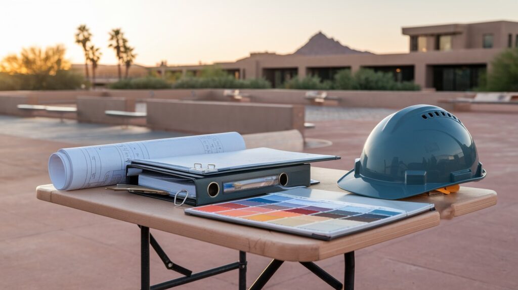 A procurement binder, rolled structural drawings, a fabric sample book, and a hard hat on a job-site table at an Arizona commercial campus at golden hour.