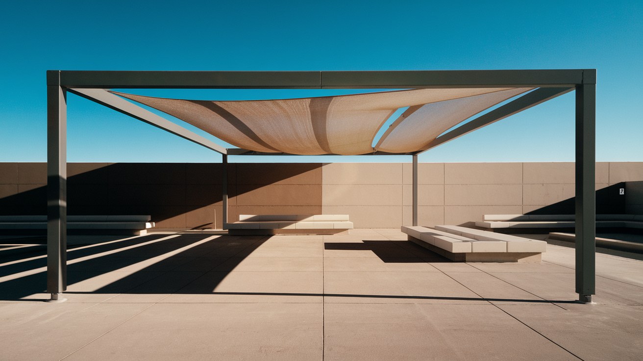 Empty Arizona commercial space at midday with crisp shade cast by a knitted HDPE fabric shade structure across the surface while the adjacent area sits in blinding full sun with heat shimmer, illustrating the surface-temperature difference.