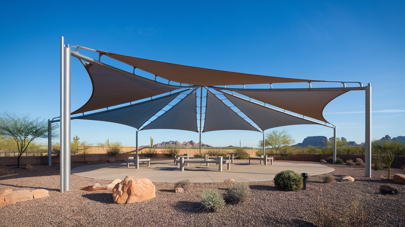 Large steel-framed hip-roof fabric shade structure with multiple posts covering an open commercial playground or gathering area under brilliant blue Arizona desert sky, taut HDPE canopy, no people in frame.