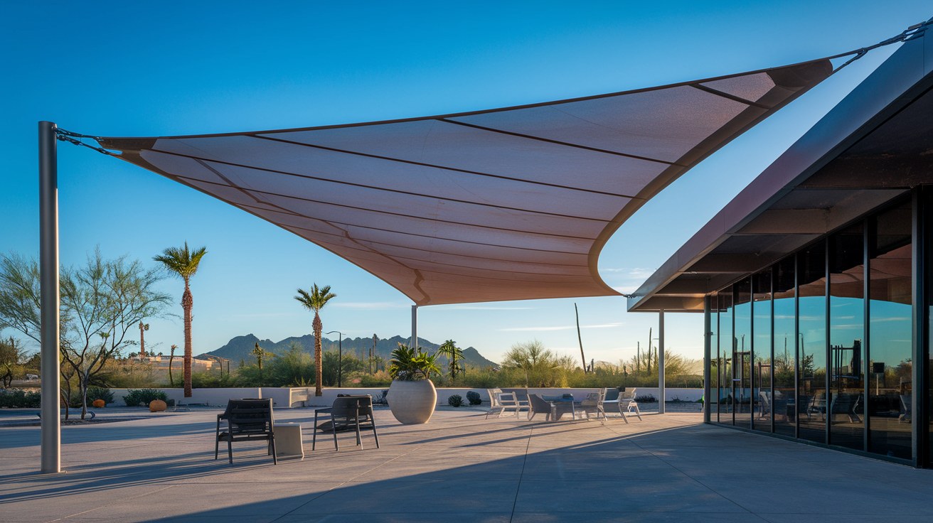 Sculptural hyperbolic-paraboloid (hypar) tensioned fabric shade sail with high and low corners over a commercial entry plaza in Arizona, dramatic saddle-shaped HDPE membrane against deep blue desert sky, no people in frame.