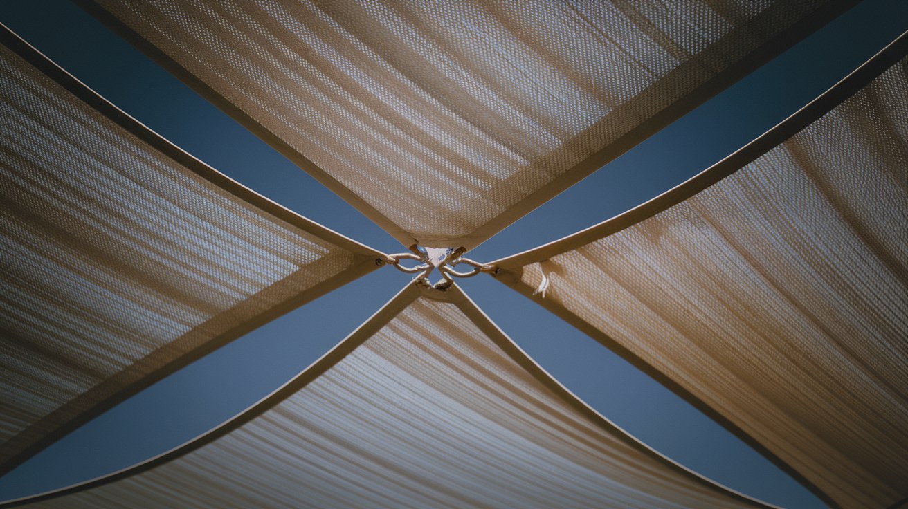 Aged, faded and slightly sagging HDPE shade fabric on a steel commercial structure under harsh Arizona sun, showing chalky discoloration and loss of tension against a deep blue sky, no people in frame.
