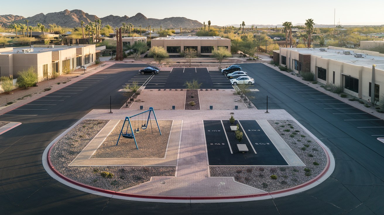 Aerial view of a varied Arizona commercial campus showing an open playground, a parking row, and an entry plaza side by side, each a different shading challenge, under brilliant blue desert sky, no overhead cover yet, no people in frame, no readable signage or logos.