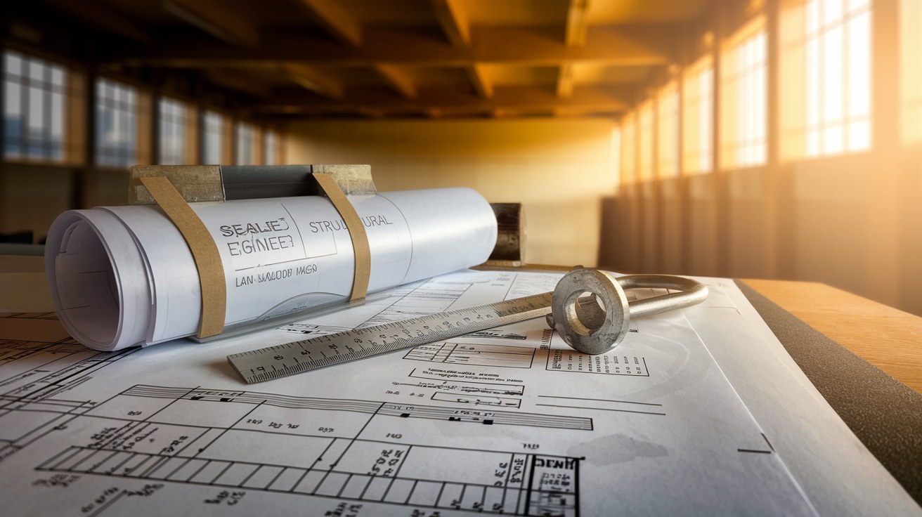 Sealed structural engineering drawings and wind-load calculation sheets for a commercial fabric shade canopy laid out on a desk with an engineer's scale and a steel hardware sample, sharp editorial detail, no people in frame, no readable text or logos.