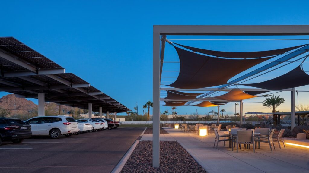 Arizona commercial lot showing a row of solar-panel carports beside an open-sided fabric shade structure, illustrating the choice between solar canopies and fabric shade.