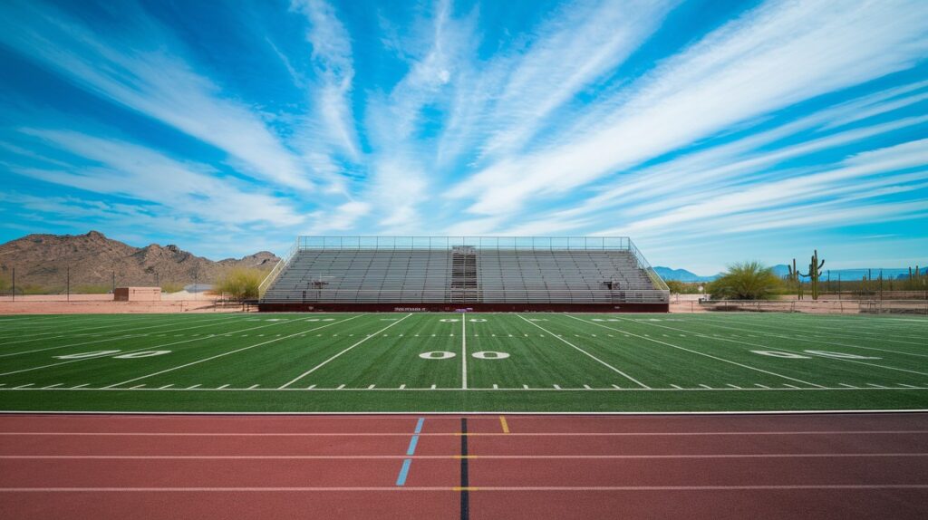An empty Arizona high school football field with bare aluminum bleachers under intense midday summer sun, heat shimmer rising off the track and no overhead cover anywhere on the site.