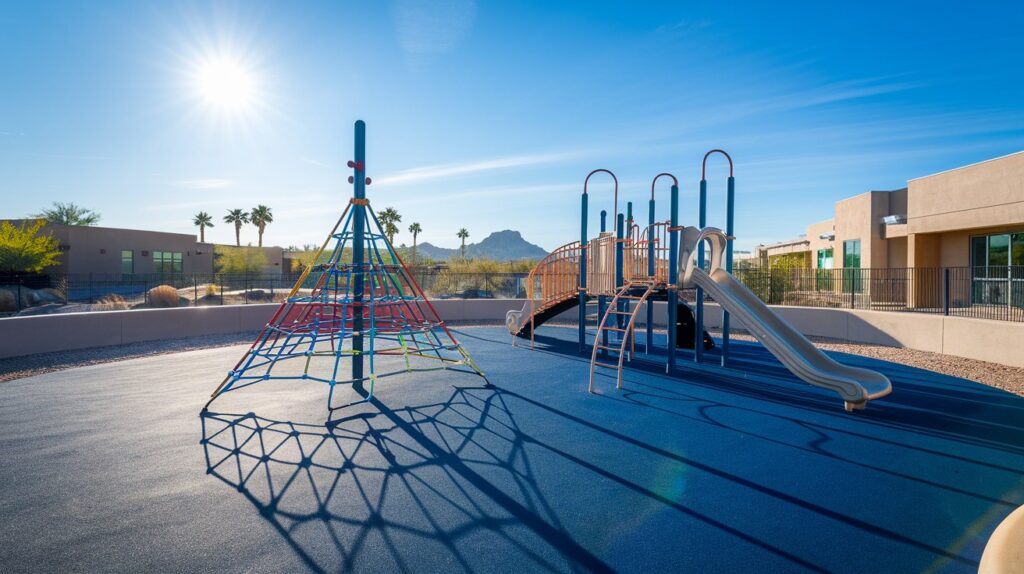 An Arizona elementary school playground at peak summer midday with colorful climbing equipment and a slide on a dark rubber surface fully exposed to harsh desert sun, no overhead cover in frame.