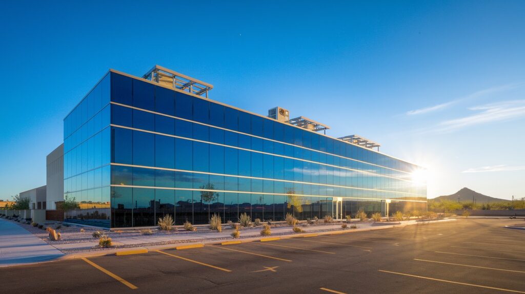 A modern Arizona commercial office building at late afternoon with its west-facing glass wall in full sun, rooftop HVAC units visible, heat shimmer rising off the bare pavement, and a fully exposed facade.