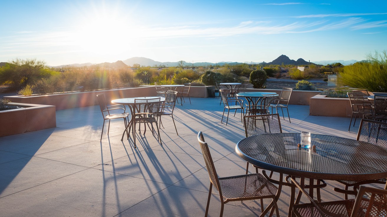 An empty outdoor commercial dining patio in Arizona at midday, bare metal tables and chairs in full direct sun on pale concrete, completely open to the sky.