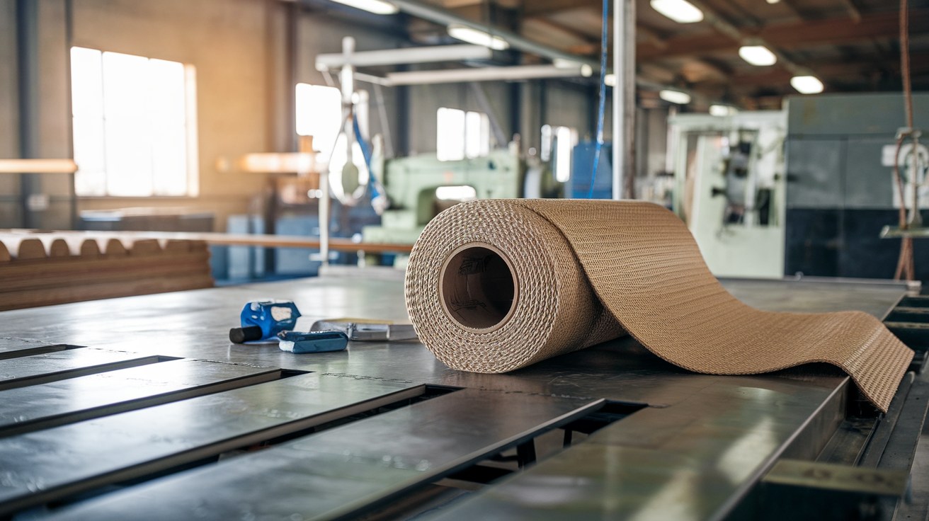 A heavy roll of knitted HDPE fabric partially unwound across a steel worktable in a fabrication shop, with industrial sewing machinery softly out of focus behind it.