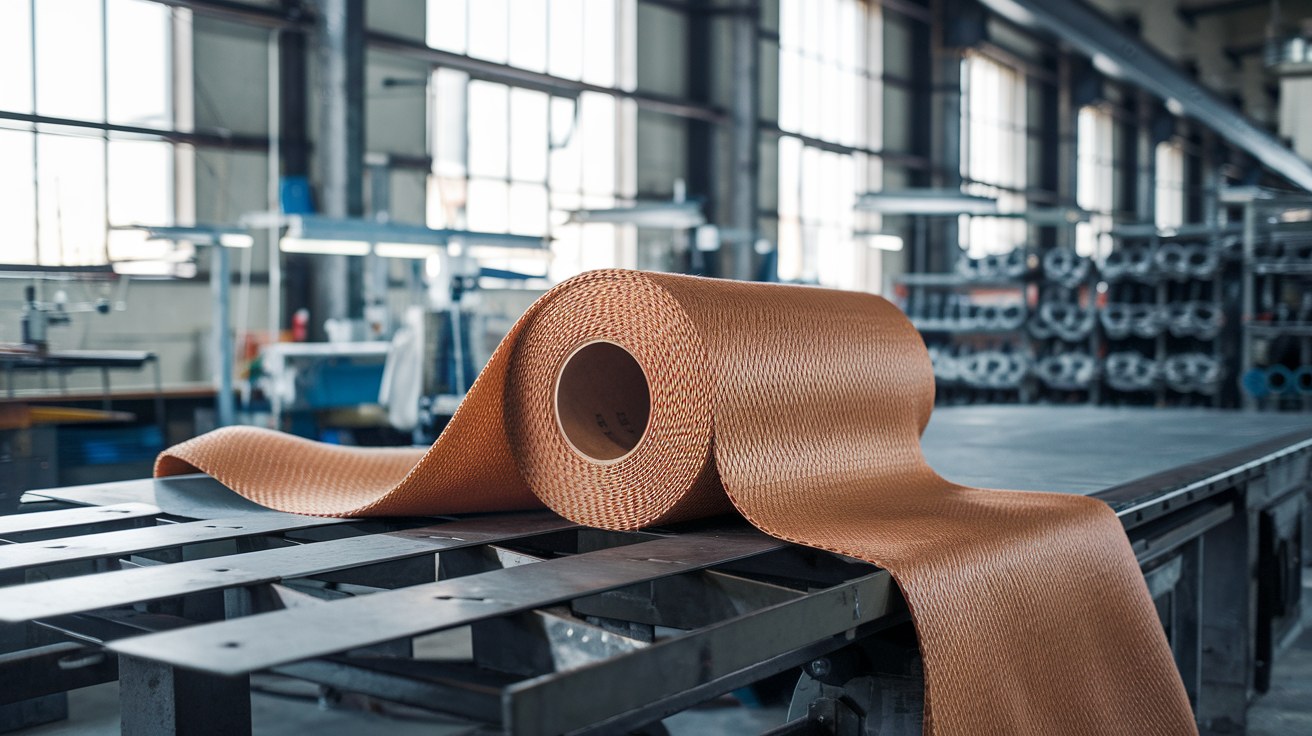 A roll of unwound HDPE knit fabric on a fabrication worktable, the open weave lit by natural daylight in an industrial sewing shop.