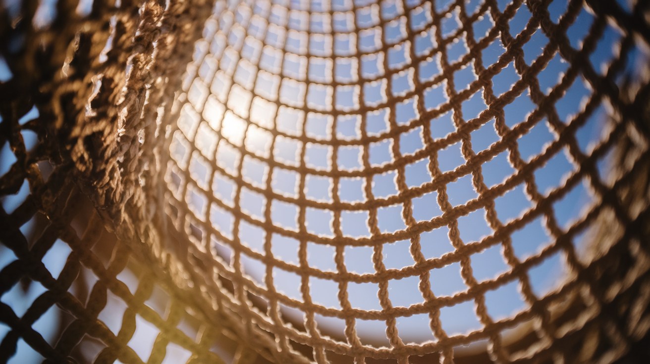 Extreme close-up of knitted HDPE mesh showing its open weave backlit by bright sunlight.
