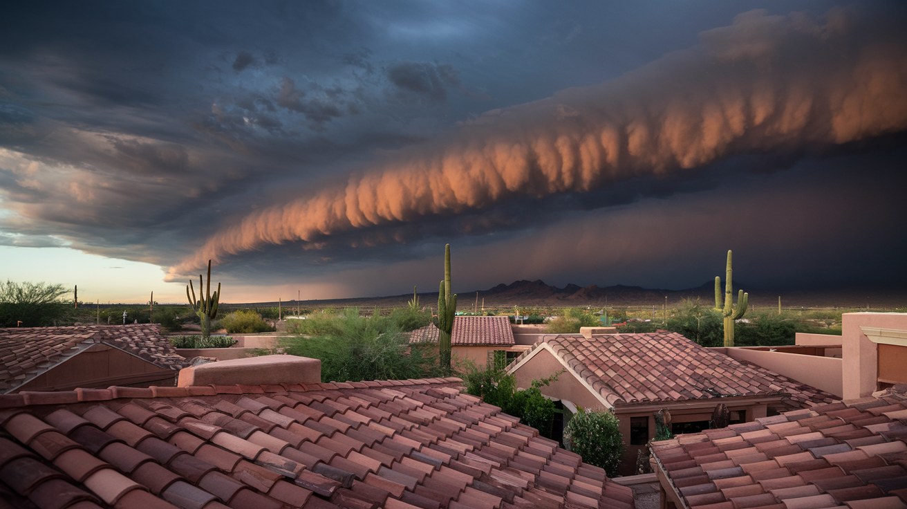 A towering wall of monsoon dust sweeping across the Phoenix Valley toward desert neighborhoods under a darkening sky.