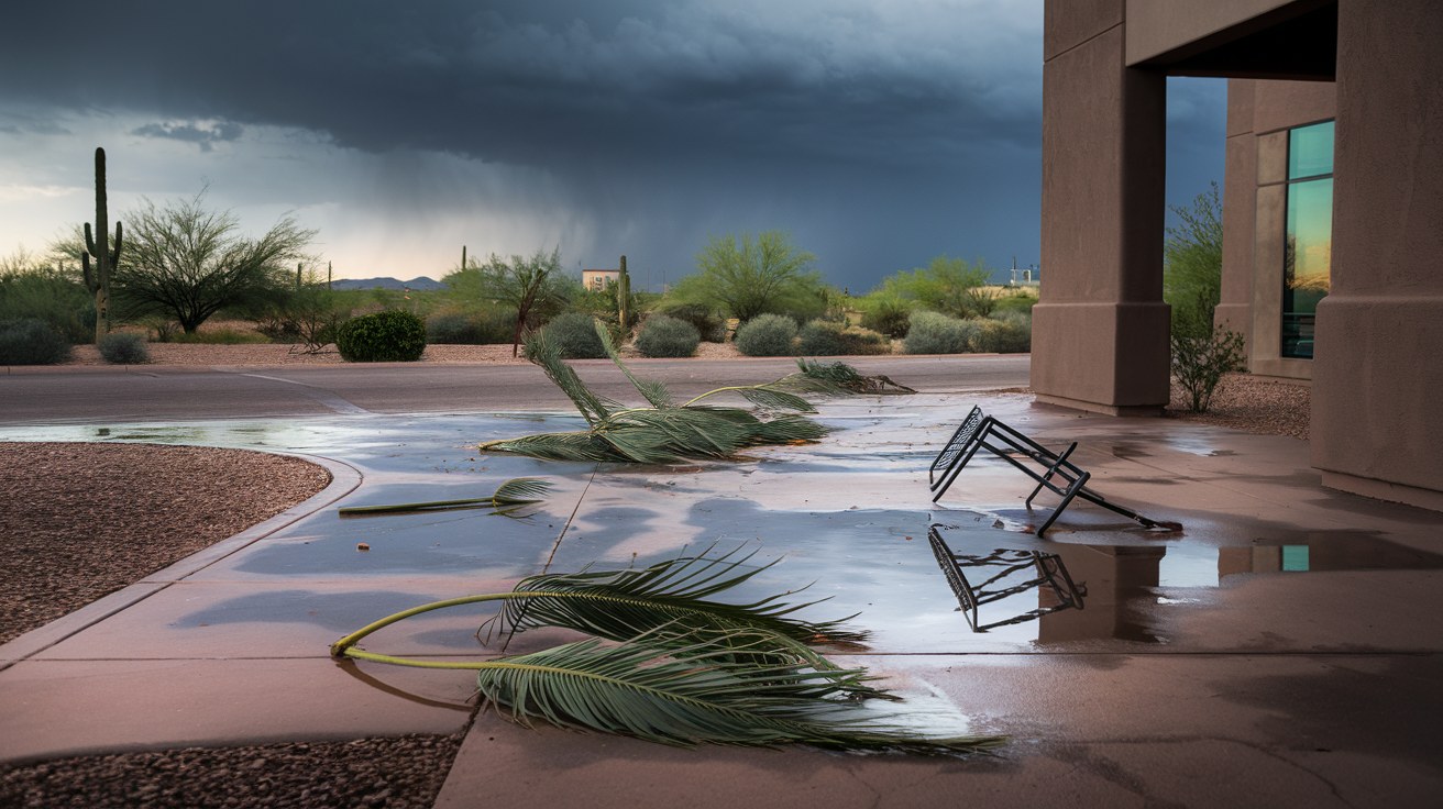 A commercial courtyard in Arizona strewn with broken palm fronds, scattered debris, and an overturned metal chair on wet pavement after a monsoon storm, dark clearing sky above.