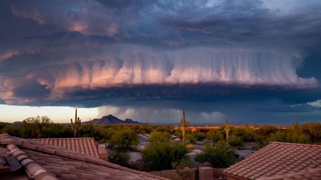 A towering dark monsoon storm front with a low rolling wall of desert dust advancing over Phoenix suburbs at dusk, terra-cotta rooflines and palo verde trees stirring in the outflow wind.