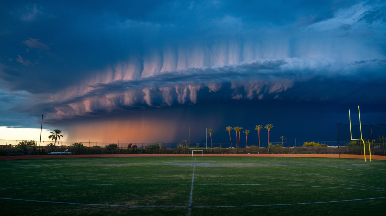 A dark monsoon storm front with a rolling wall of desert dust advancing toward open suburban Phoenix sports fields at dusk, palm trees bending in the outflow wind.