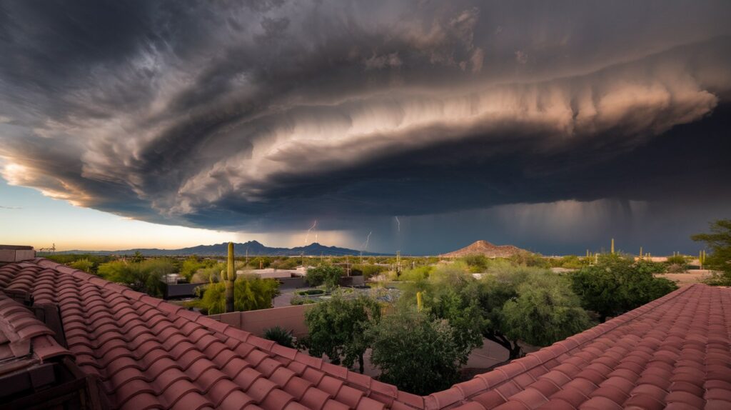 Dark monsoon storm front rolling over Phoenix suburbs with terra-cotta rooftops and desert trees in the foreground under a churning sky.