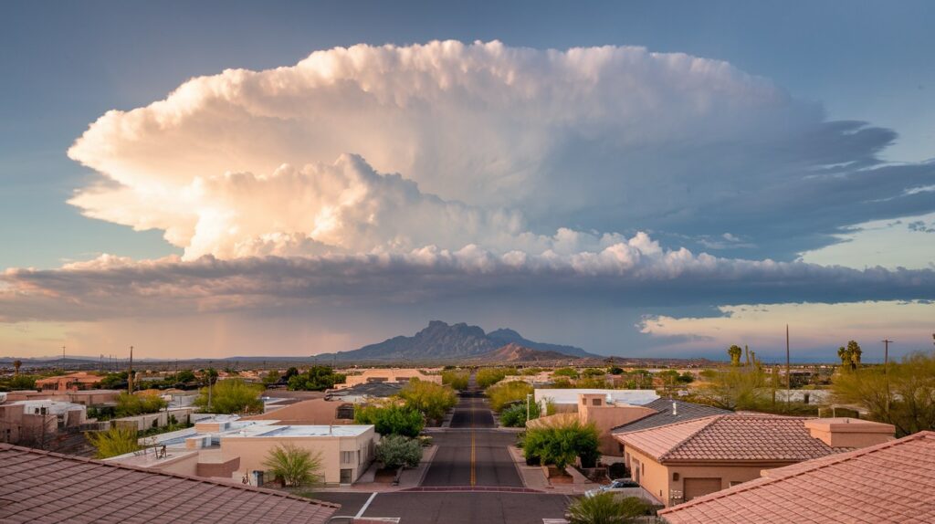 A towering monsoon thunderhead rises over Phoenix rooftops through humid haze on a blazing summer afternoon.