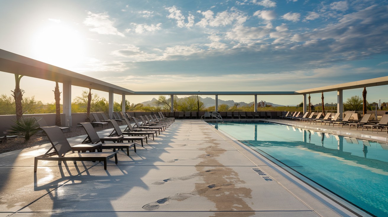 An empty pool deck at midday with lounge chairs in full sun on white concrete, glaring light and a hazy Arizona sky overhead.