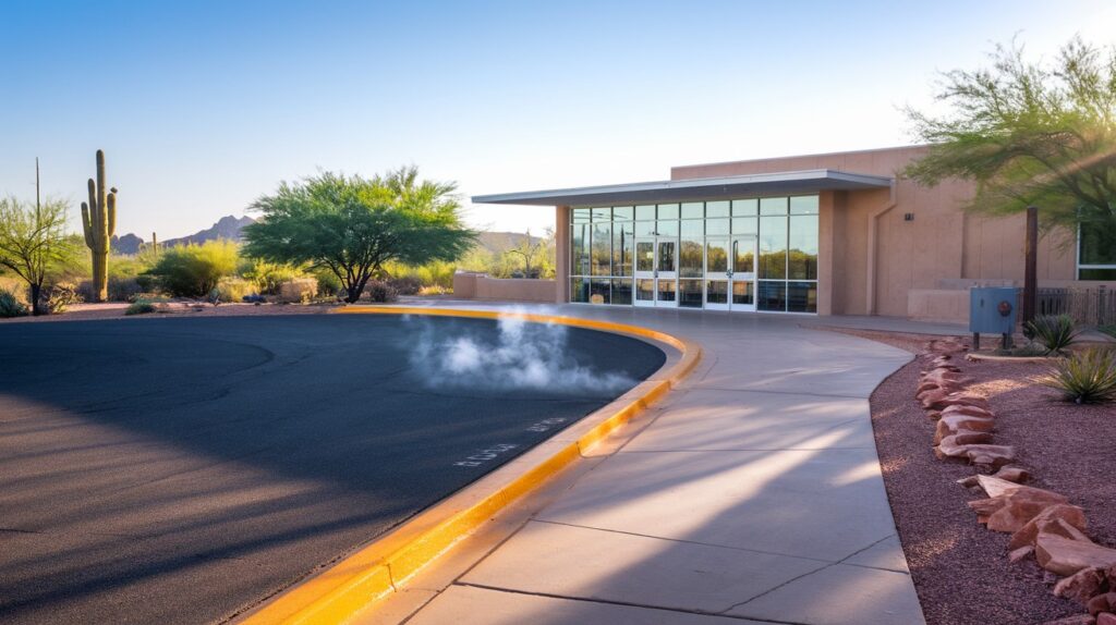 An empty school bus loading zone with a yellow-painted curb and bare asphalt in harsh midday Arizona sun, heat shimmer rising and no overhead cover.