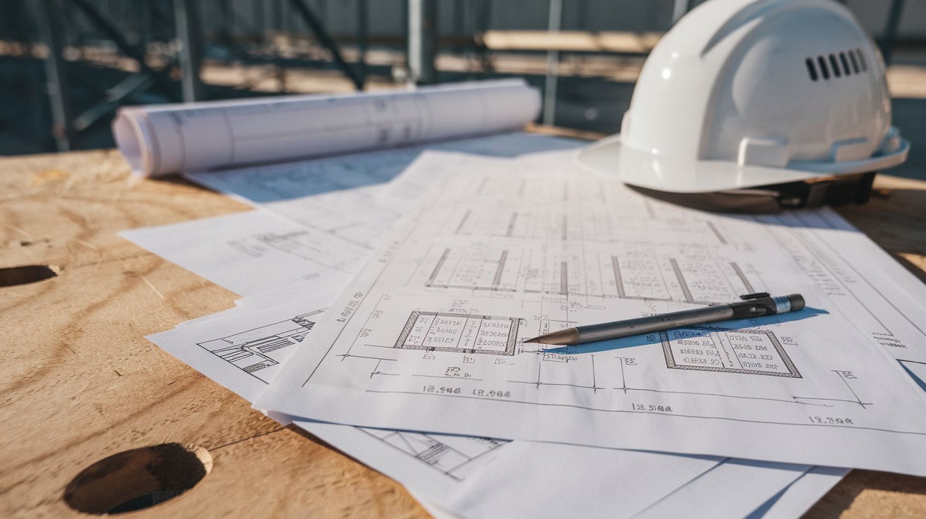 Structural engineering blueprints and load calculations spread on a job-site table beside a hard hat, with bright Arizona daylight across the drawings.