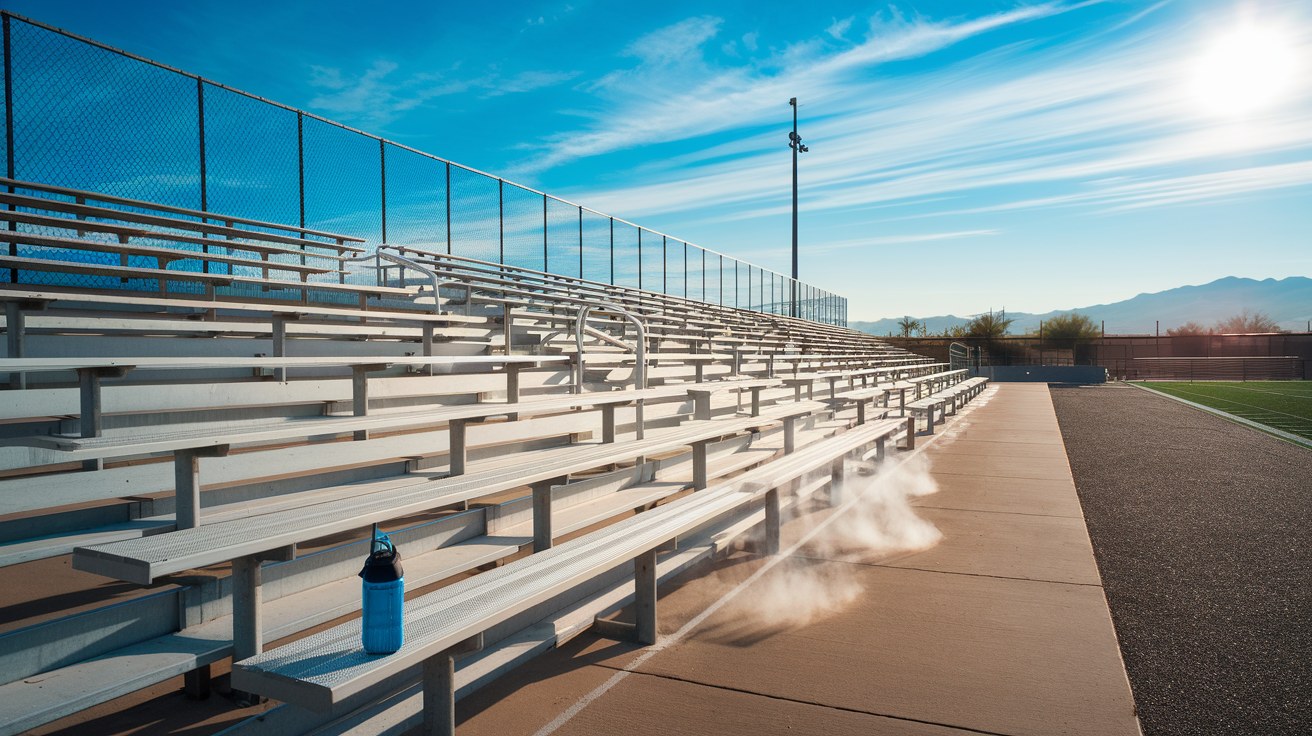 Empty aluminum bleachers beside a high school sports field in harsh midday Arizona sun, heat shimmer rising off the ground and no overhead cover anywhere in frame.
