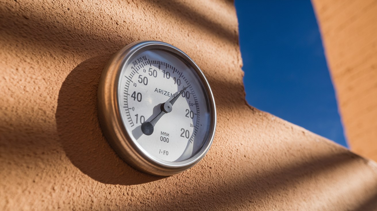 An outdoor thermometer on a sunlit stucco wall reading above 110 degrees under a clear Arizona sky.