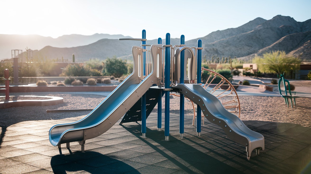 A metal-and-plastic playground slide and climbing structure on a rubber safety surface under harsh midday Arizona sun with no overhead cover, heat shimmer visible above the equipment, desert campus and mountains in the background, no people in frame, no readable text or logos.