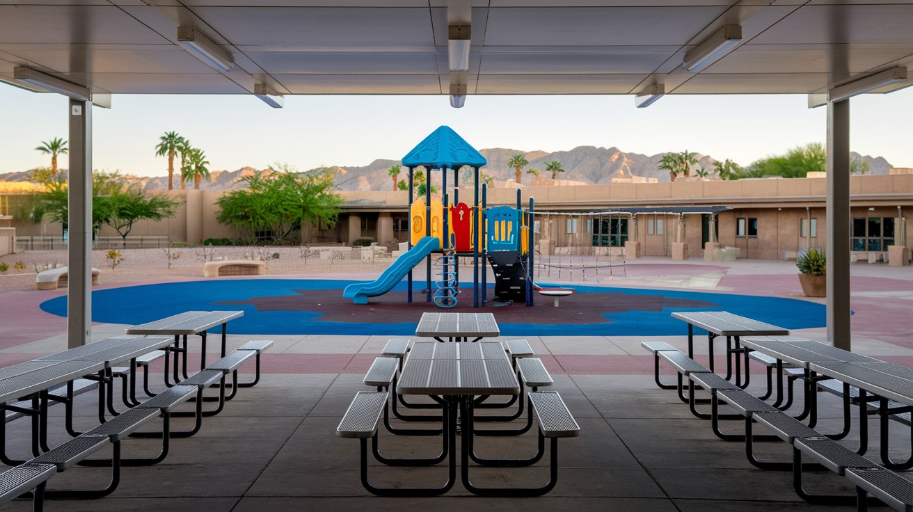 A large tensioned fabric shade structure covering a full playground with climbing equipment and a slide on a rubber surface at an Arizona school, clean architectural lines, brilliant blue desert sky, no people in frame, no readable text or logos.