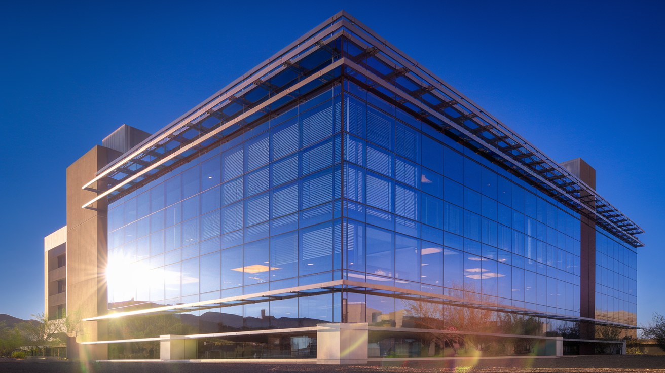 A west-facing curtain wall of reflective glass on a desert office building glaring in harsh late-afternoon Arizona sun, with interior blinds lowered behind several panes.